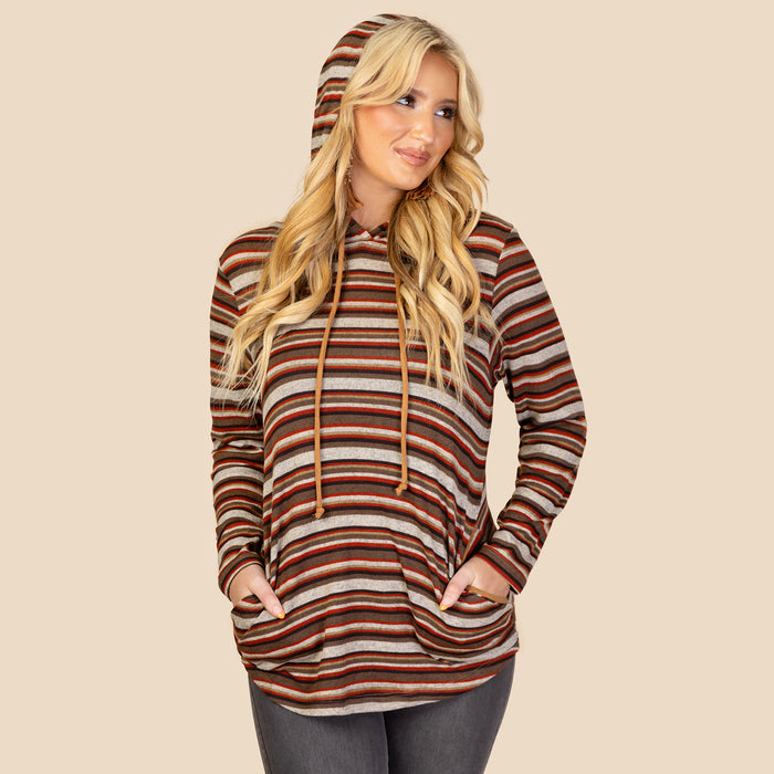 10616 - Striped Hoodie with Elbow Patches and Pockets