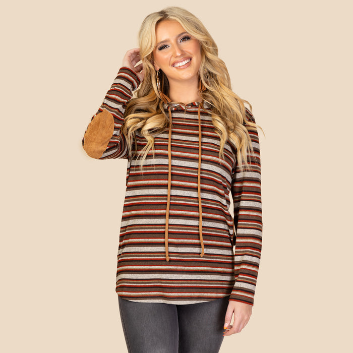 10616 - Striped Hoodie with Elbow Patches and Pockets