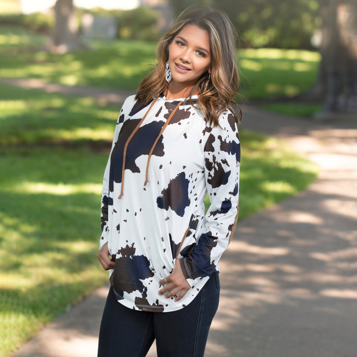 10618 - Cow Print Hoodie - Read Description- with Elbow Patches and Pockets