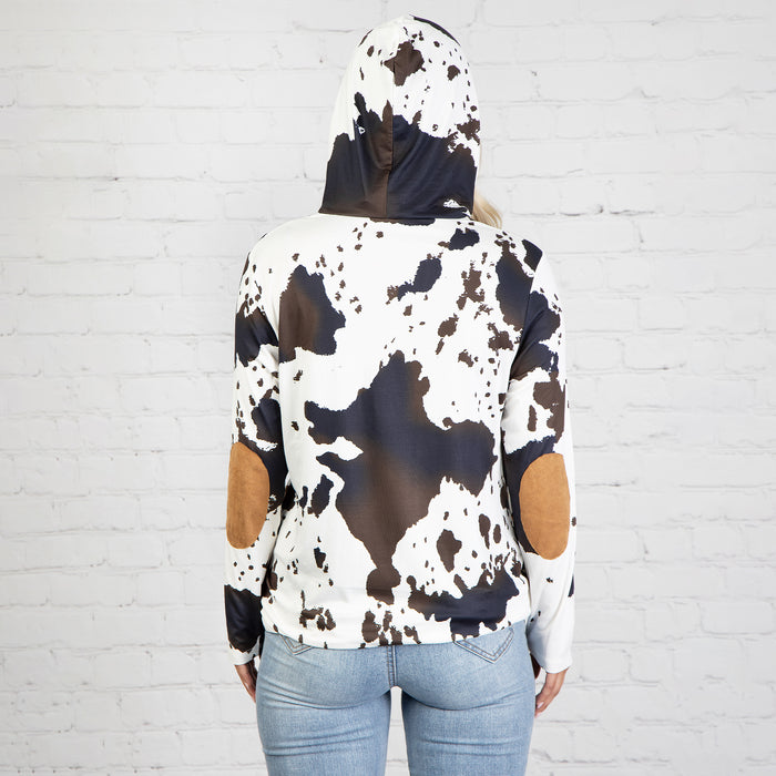 10618 - Cow Print Hoodie - Read Description- with Elbow Patches and Pockets