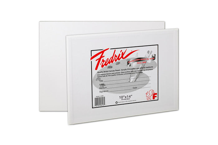 A pack of FREDRIX Artist Quality canvas panels boards, white in color, with packaging displaying the brand and product details.