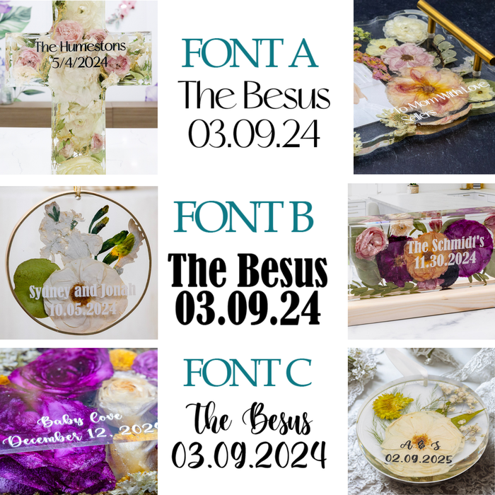 Personalized font options for text overlay on preserved flower art