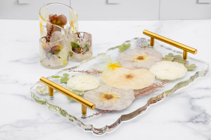 14x9 pressed flower geode tray with gold handles, full view