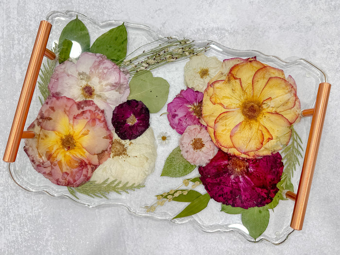 14x9 pressed flower geode tray with mixed dried blooms, angled view