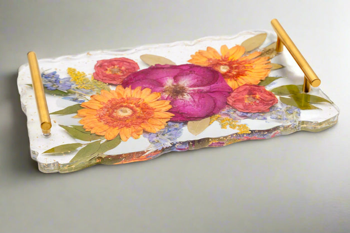 14x9 pressed flower geode tray displayed on a serving table