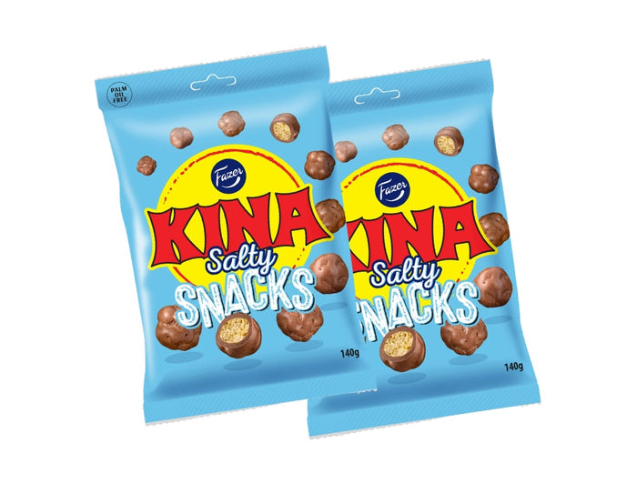 2 × Fazer Kina Blå Salty Snacks (Puffar) 140g – Swedish chocolate-coated salty puffed corn candy 2-pack