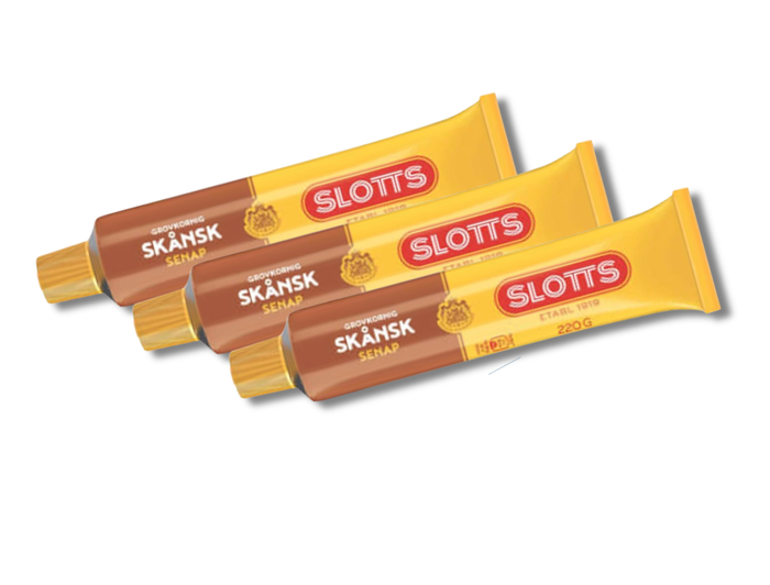 3 Tubes of Slotts Skånsk Senap 220g (7.76 oz) – Authentic Swedish Coarse & Strong Mustard