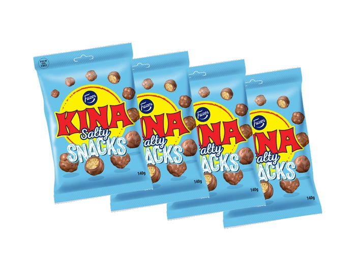 4 × Fazer Kina Blå Salty Snacks (Puffar) 140g – Swedish chocolate-coated salty puffed corn candy 4-pack
