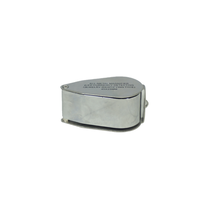 40X LED Jeweler's Loupe - All-Metal Magnifier (LED Currency Detecting/Jewelry Identifying Type) 40x25mm, SKU MG02101182, three quarter front view