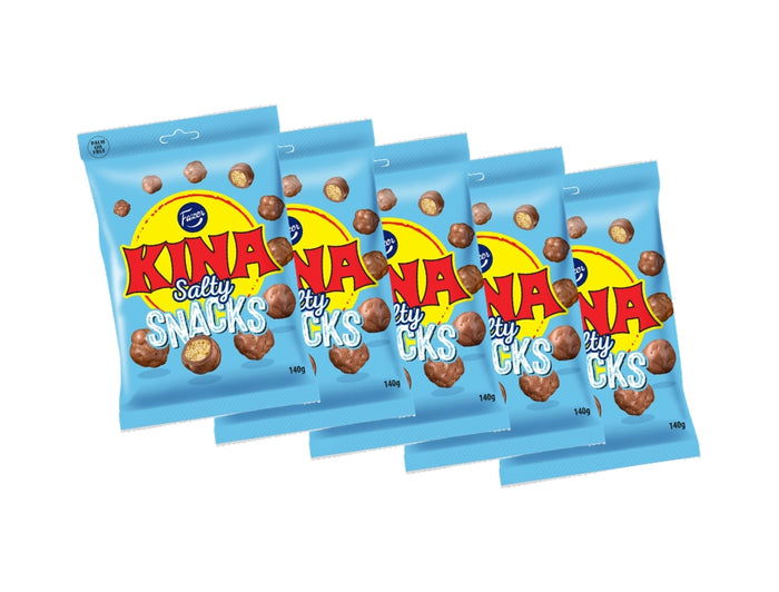 5 × Fazer Kina Blå Salty Snacks (Puffar) 140g – Swedish chocolate-coated salty puffed corn candy 5-pack