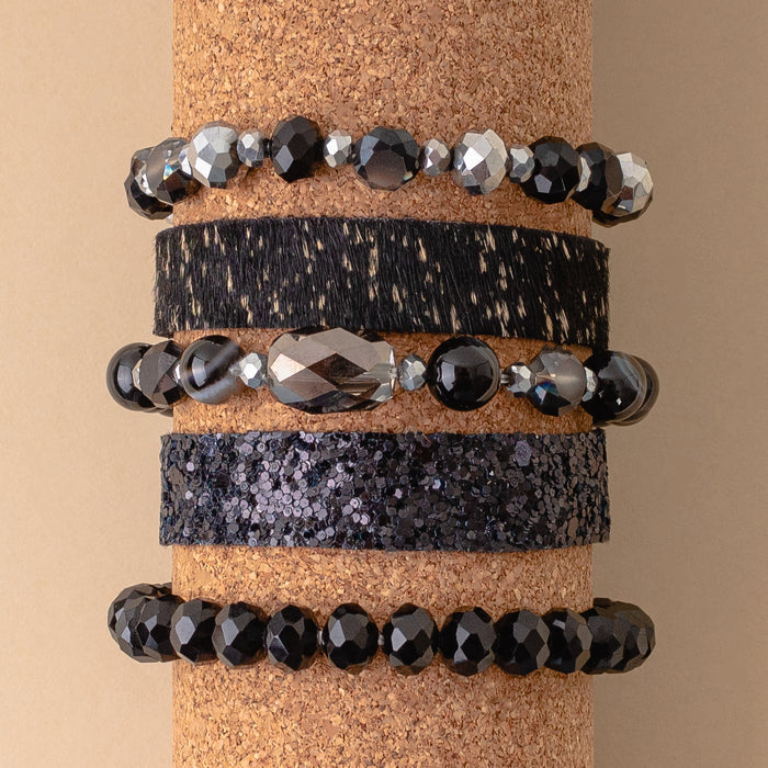 74737 - Animal Print Crystal Beaded Stacked Bracelets - Black
