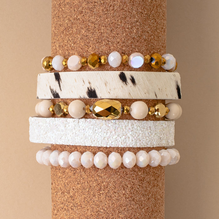 74737 - Animal Print Crystal Beaded Stacked Bracelets - White