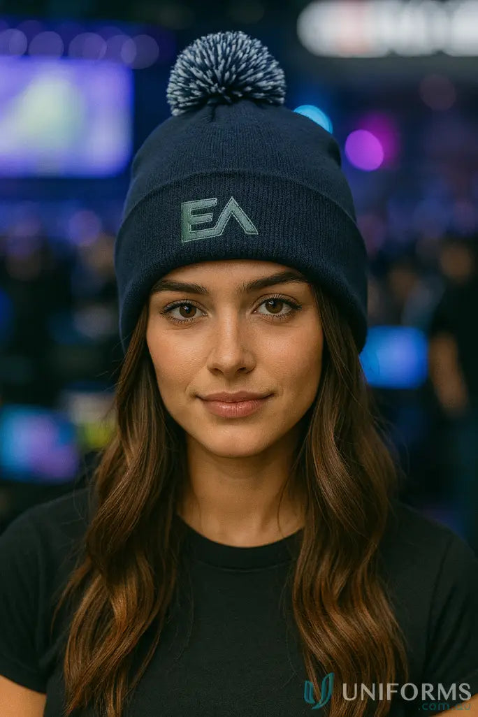 Acrylic beanie with pom pom and EA logo, cozy pom acrylic beanie for winter