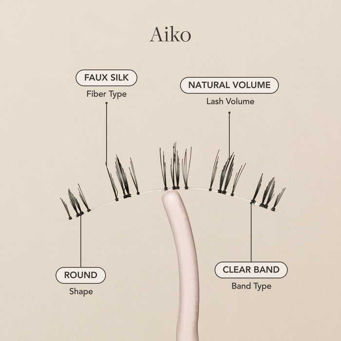 Aiko bottom false lashes. Faux silk fibers, natural volume, round, clear band.
