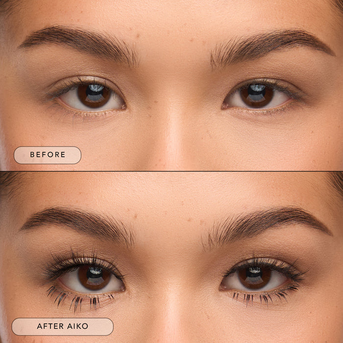 Before and after of a model wearing Aiko lower bottom lashes.