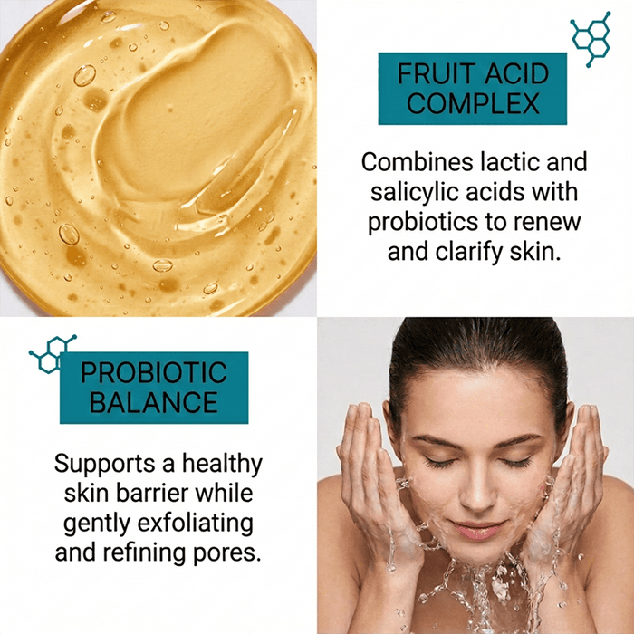 alpha hydroxy cleanser combines lactic and salicylic acids with probiotics to renew and clarify skin