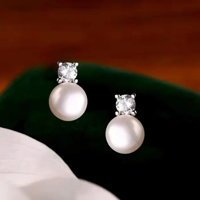 Delicate Natural Pearl & CZ Bridal Earrings in Sterling Silver