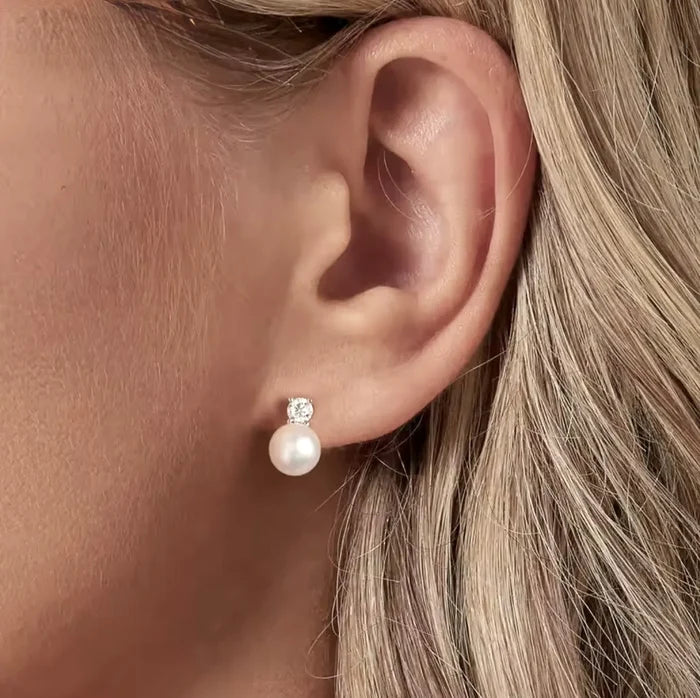 Delicate Natural Pearl & CZ Bridal Earrings in Sterling Silver