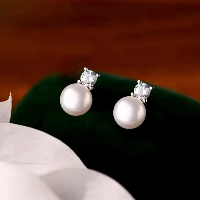 Delicate Natural Pearl & CZ Bridal Earrings in Sterling Silver