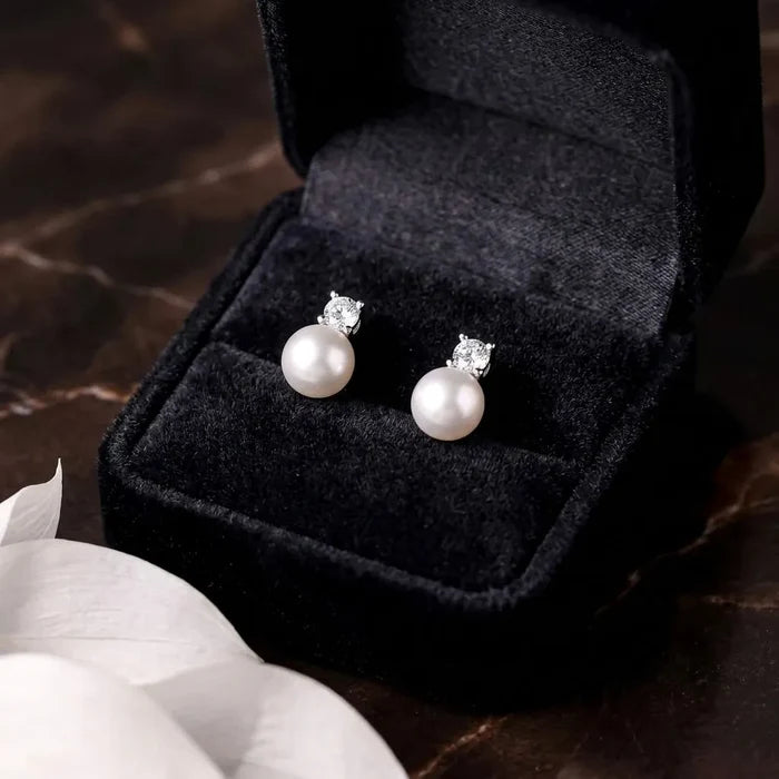 Delicate Natural Pearl & CZ Bridal Earrings in Sterling Silver