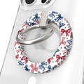 American Girly patriotic coquette MagSafe phone grip ring with red white and blue ribbon bows and blue stars on a white background compatible with iPhone and Samsung