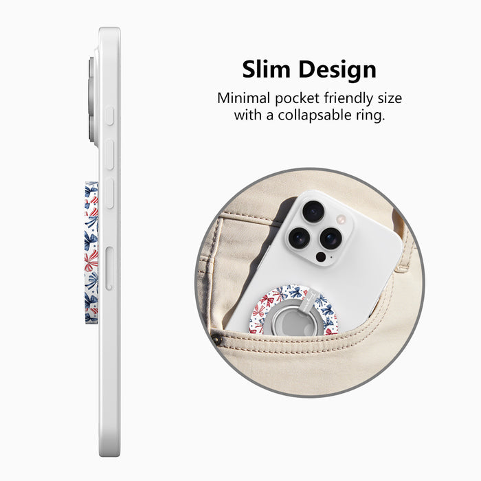 American Girly patriotic coquette MagSafe phone grip ring with red white and blue ribbon bows and blue stars on a white background compatible with iPhone and Samsung