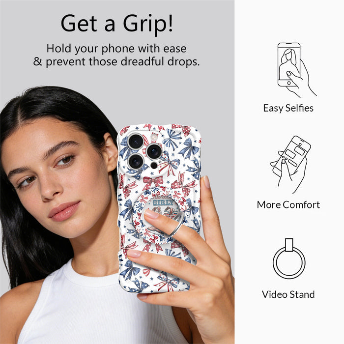 American Girly patriotic coquette MagSafe phone grip ring with red white and blue ribbon bows and blue stars on a white background compatible with iPhone and Samsung
