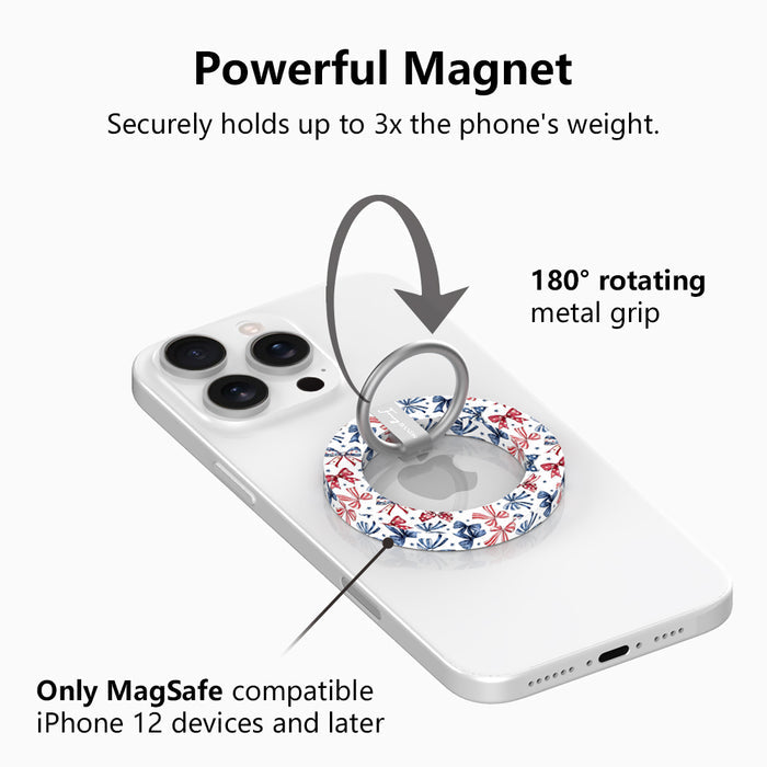 American Girly patriotic coquette MagSafe phone grip ring with red white and blue ribbon bows and blue stars on a white background compatible with iPhone and Samsung