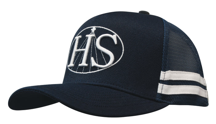 Dark navy american premium striped trucker cap with white hs logo and stripes perfect for workwear and uniforms