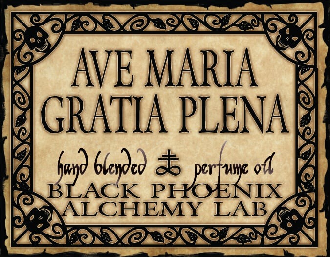 Decorative label with 'Ave Maria Gratia Plena' text and Black Phoenix Alchemy Lab branding.