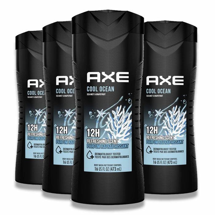 Axe - Cool Ocean Mens Body Wash 12H Refreshing Scent With Essential Oils 16 oz - 4 Pack