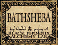 Label for Bathsheba hand blended perfume oil by Black Phoenix Alchemy Lab with decorative border.