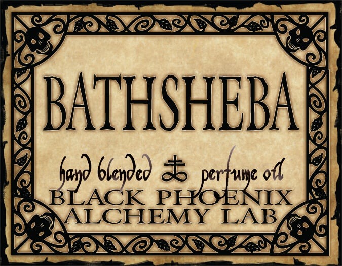 Label for Bathsheba hand blended perfume oil by Black Phoenix Alchemy Lab with decorative border.