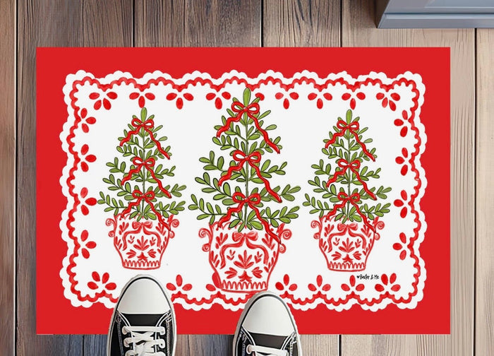 Baxter & Me Red White Tree with Bows Rug Floormat