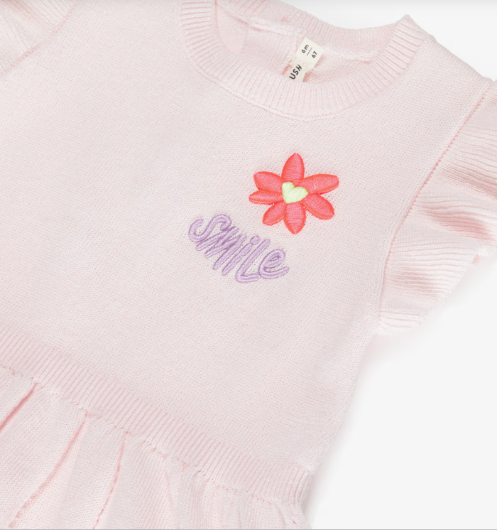 BILLIEBLUSH Girls Sparkly Pink Knitted Dress with Smile Embroidery