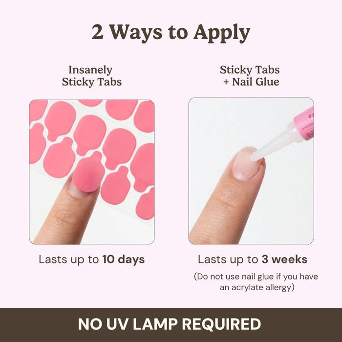 Instructional image featuring EyeCandys Birthday Cake Press-On Nails: Left side—apply nails with pink sticky tabs for up to 10 days; right side—use nail glue for up to 3 weeks. No UV lamp needed.