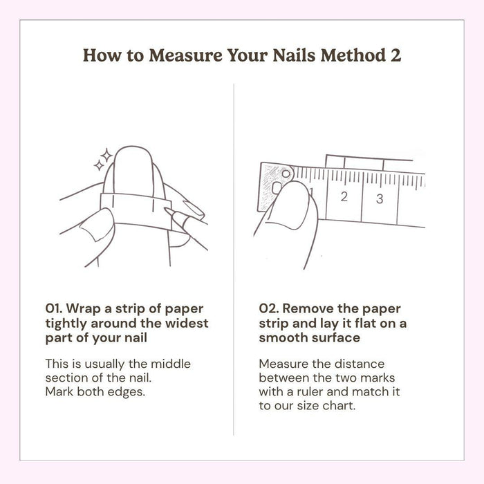 Instructional graphic on measuring nails for EyeCandys Birthday Cake Press-On Nails: Step 1—wrap a paper strip around the widest part of your nail and mark both ends. Step 2—measure the marked distance with a ruler for best fit.