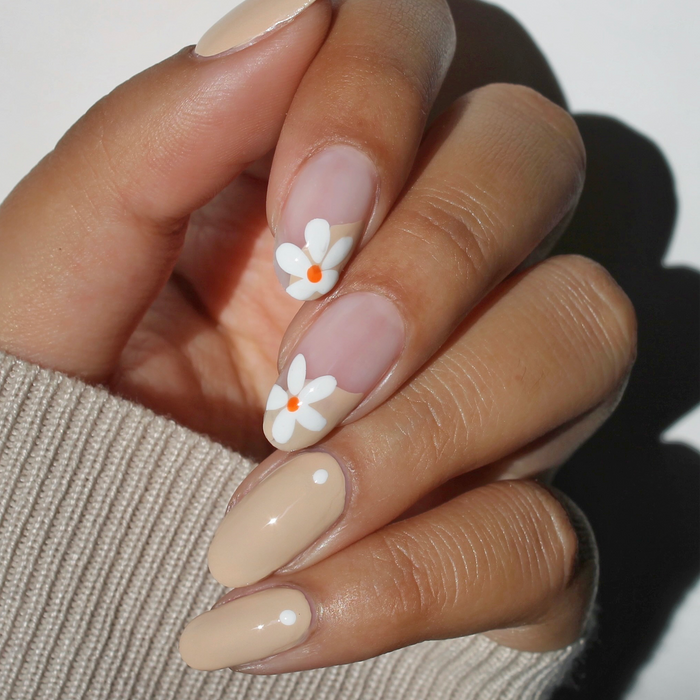 Blank Canvas white liner used for white daisy nail art on a sheer nude manicure