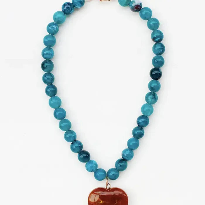 Blue Beaded with Brown Stone Heart 16"-18" Necklace