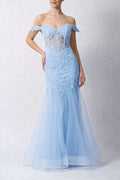 Mascara London's Blue Fishtail Gown MC115110 features a sheer corset bodice with embroidered lace and off-shoulder sleeves, ideal for proms or weddings.