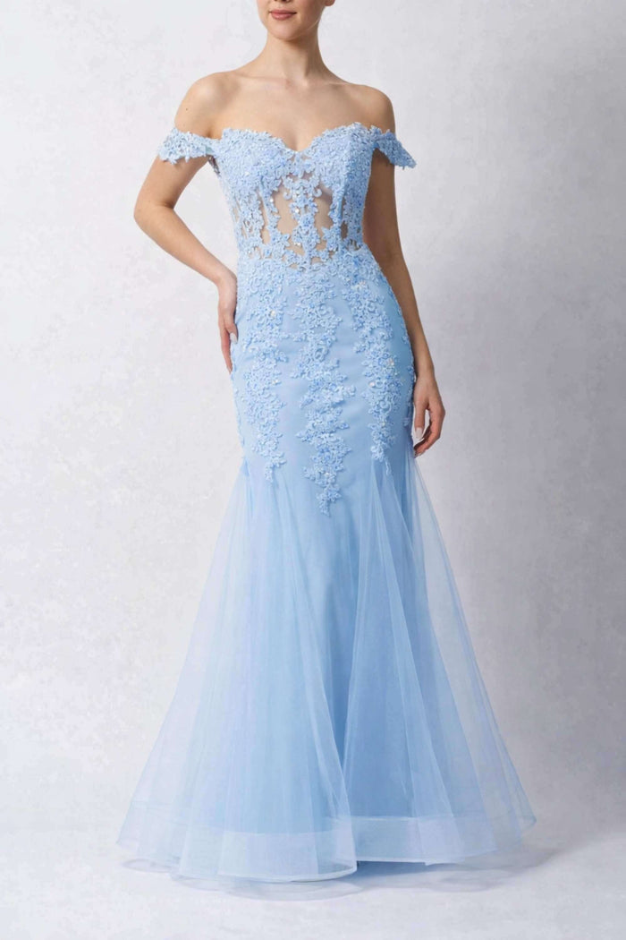 Mascara London's Blue Fishtail Gown MC115110 features a sheer corset bodice with embroidered lace and off-shoulder sleeves, ideal for proms or weddings.