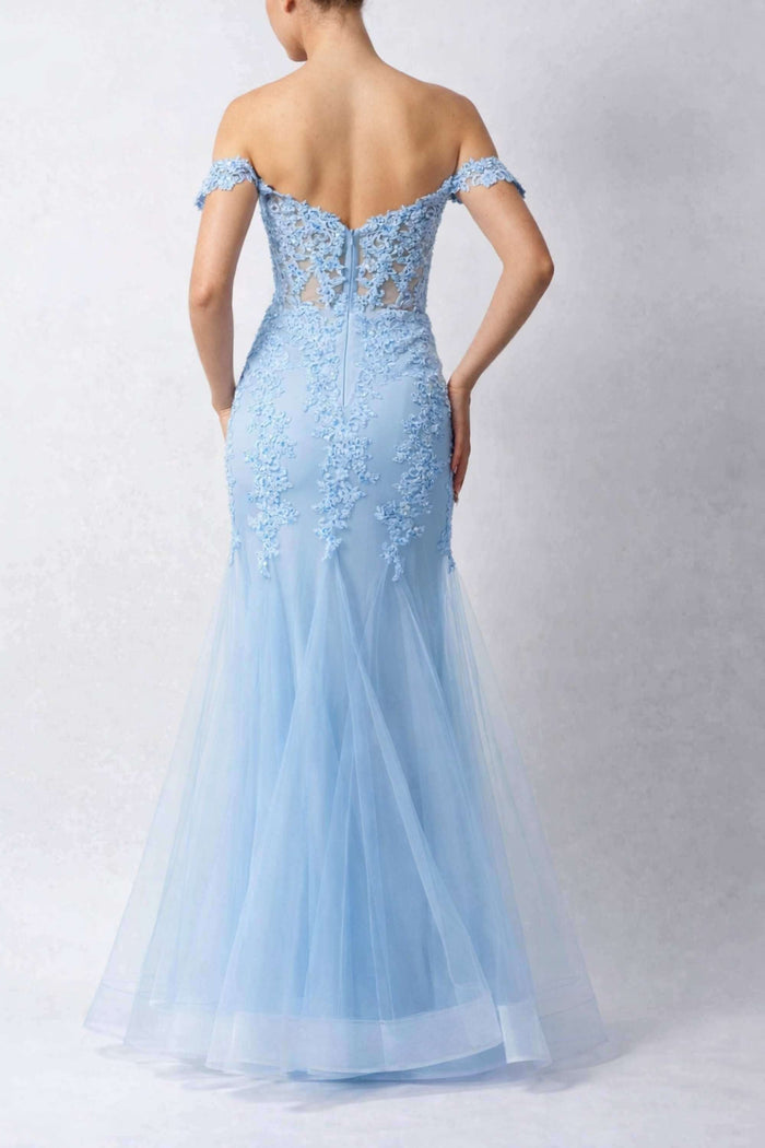 Back view of Mascara London's Blue Fishtail Gown MC115110 showcasing lace-up detail, floral embroidery, and tulle mermaid skirt for elegant occasions.