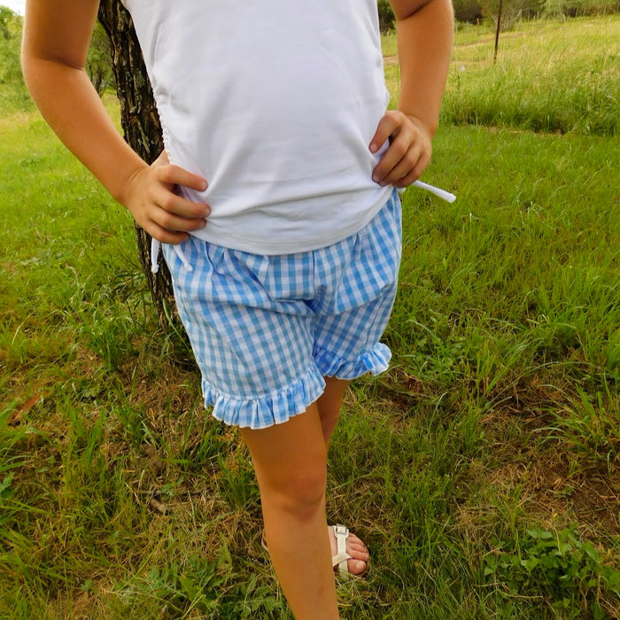 Blue Gingham Girls Ruffle Shorts