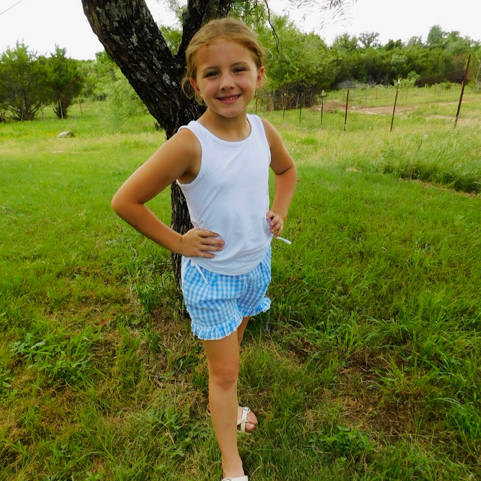 Blue Gingham Girls Ruffle Shorts
