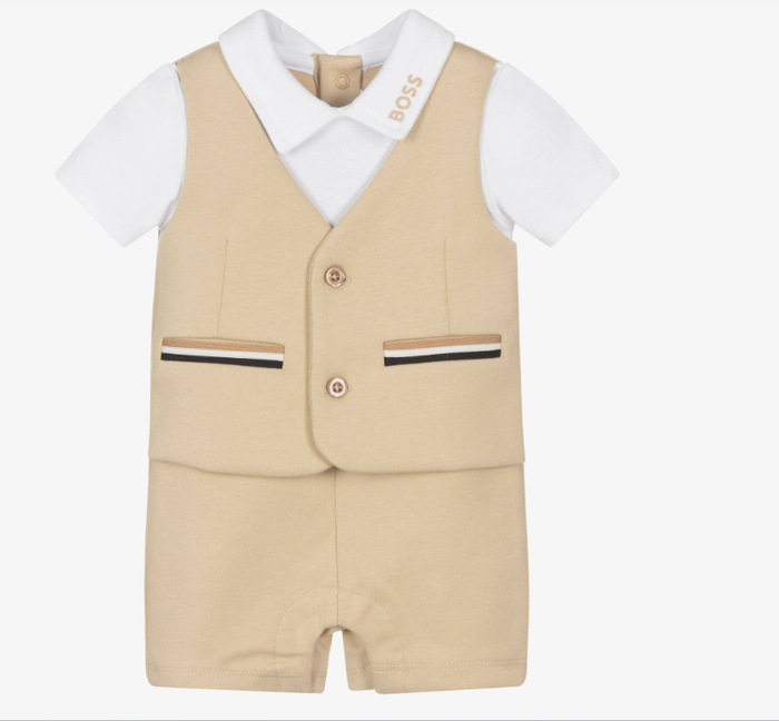 BOSS Baby Boys Beige Cotton Waistcoat Suit Shortie