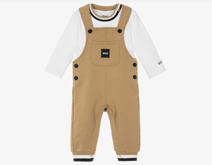 BOSS Baby Boys Beige & White Dungaree Set