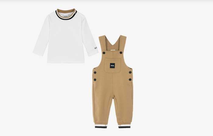 BOSS Baby Boys Beige & White Dungaree Set