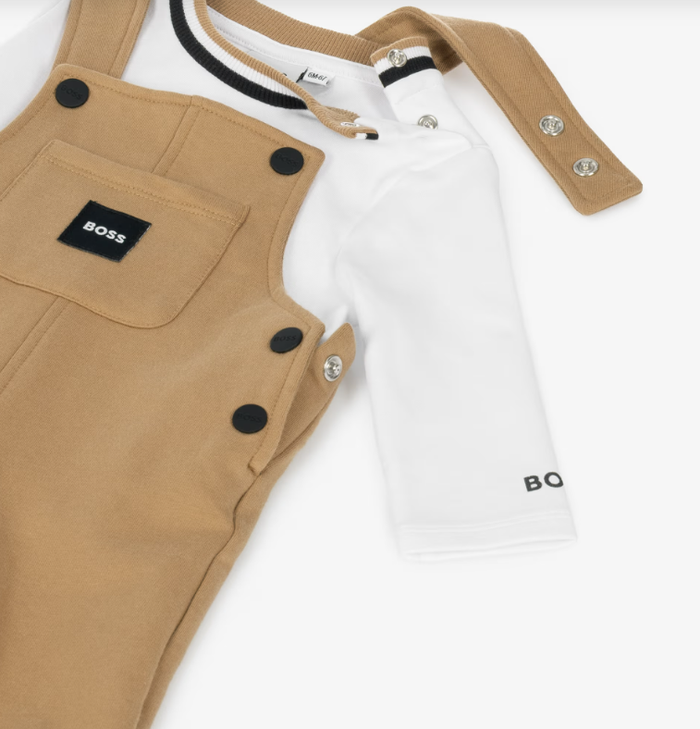 BOSS Baby Boys Beige & White Dungaree Set