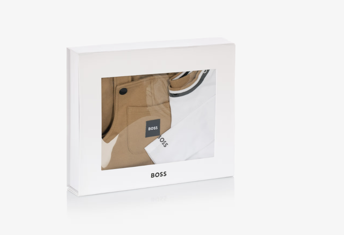 BOSS Baby Boys Beige & White Dungaree Set
