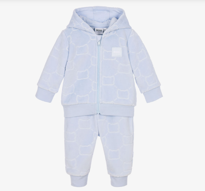 BOSS Baby Boys Blue Velour Tracksuit with Embossed Pattern